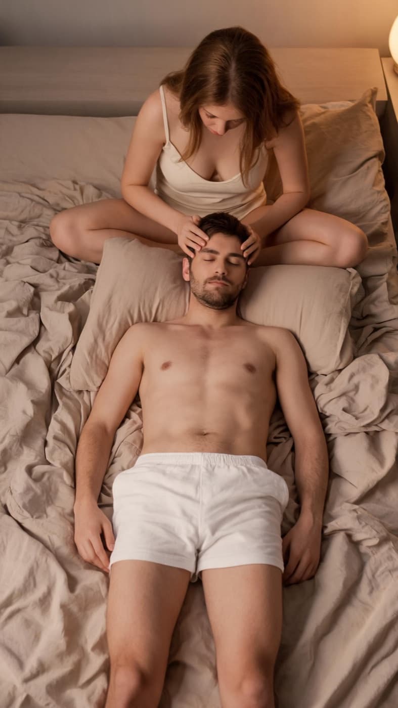 Advertentiebeeld: een vrouw masseert de slapen van haar partner in bed